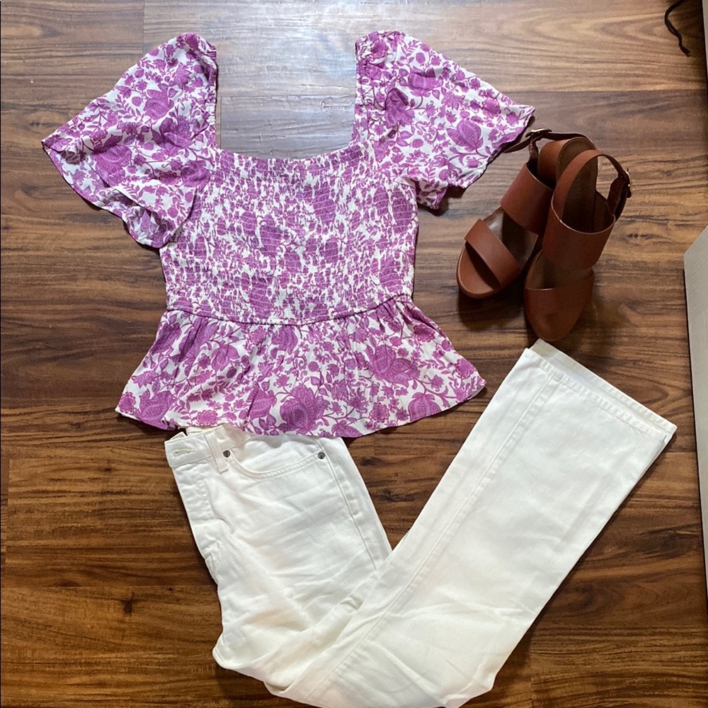 Lovestitch Purple and White Smocked Peplum Blouse Size L
